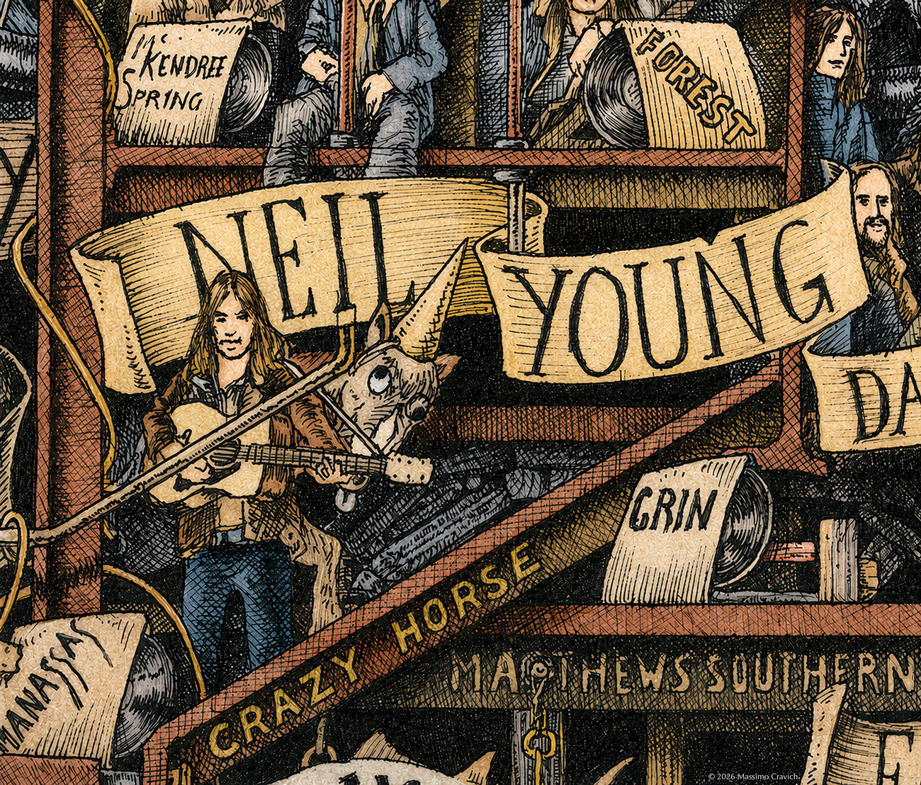 Color illustration depicting Neil Young from the drawing "The Great Rock and Roll History"