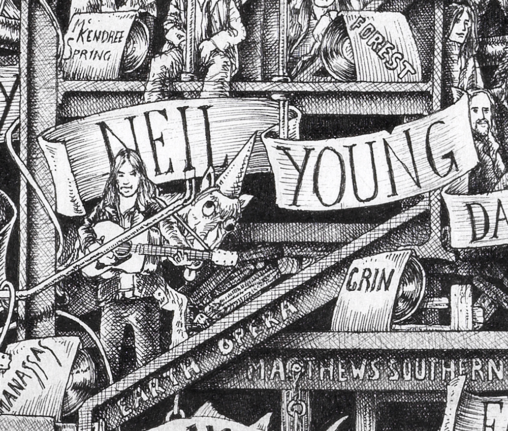 Neil-young-BW Original black and white ink drawing depicting Neil Young from the drawing "The Great Rock and Roll History"