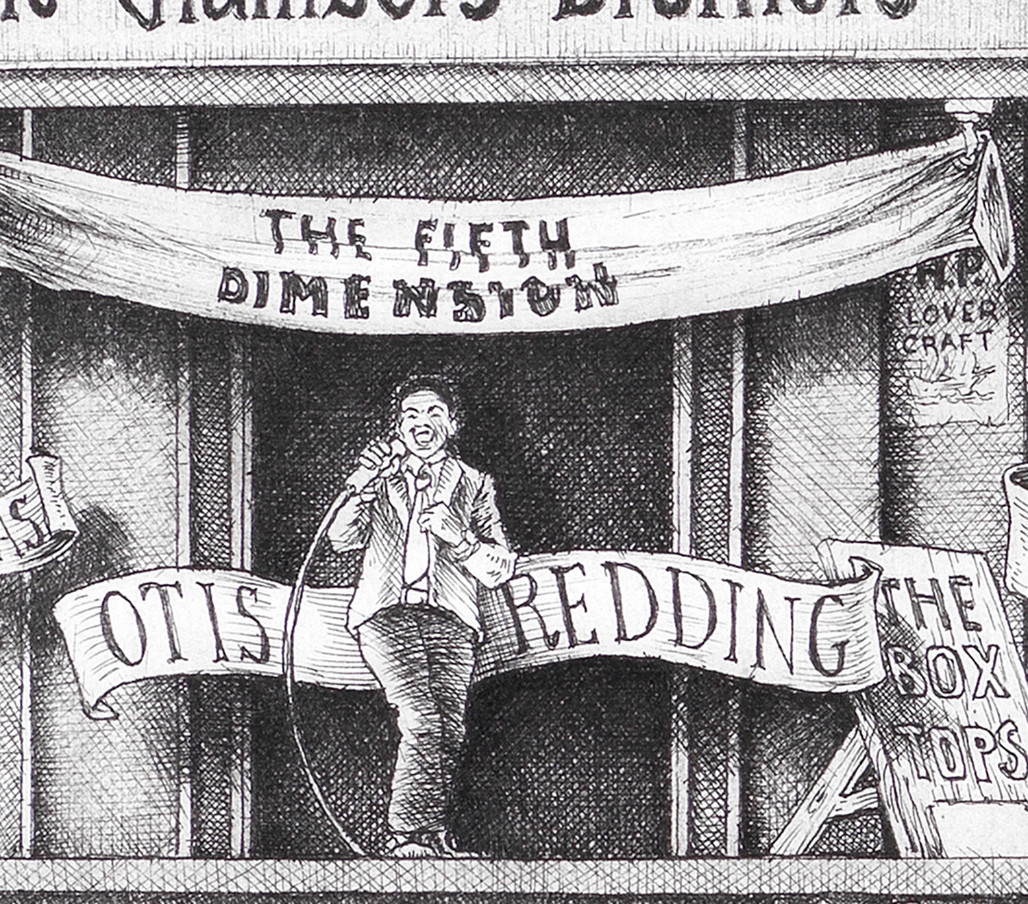 Original black and white ink drawing depicting Otis Redding from the drawing "The Great Rock and Roll History"