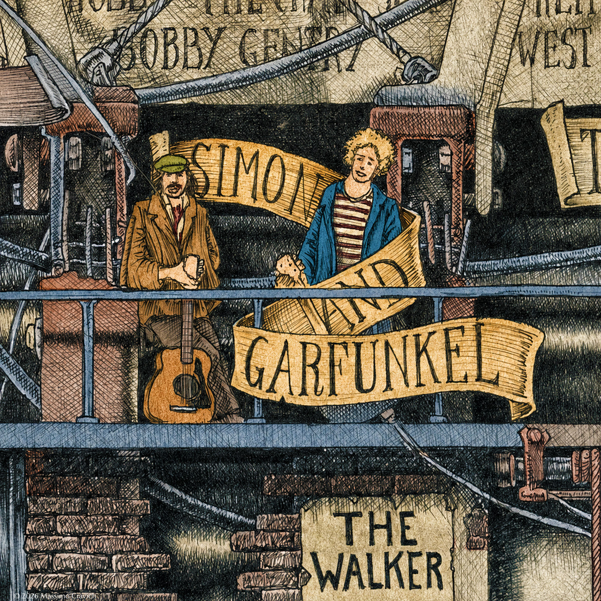 Simon-and-Garfunkel-Color Color illustration depicting Simon and Garfunkel from the drawing "The Great Rock and Roll History"