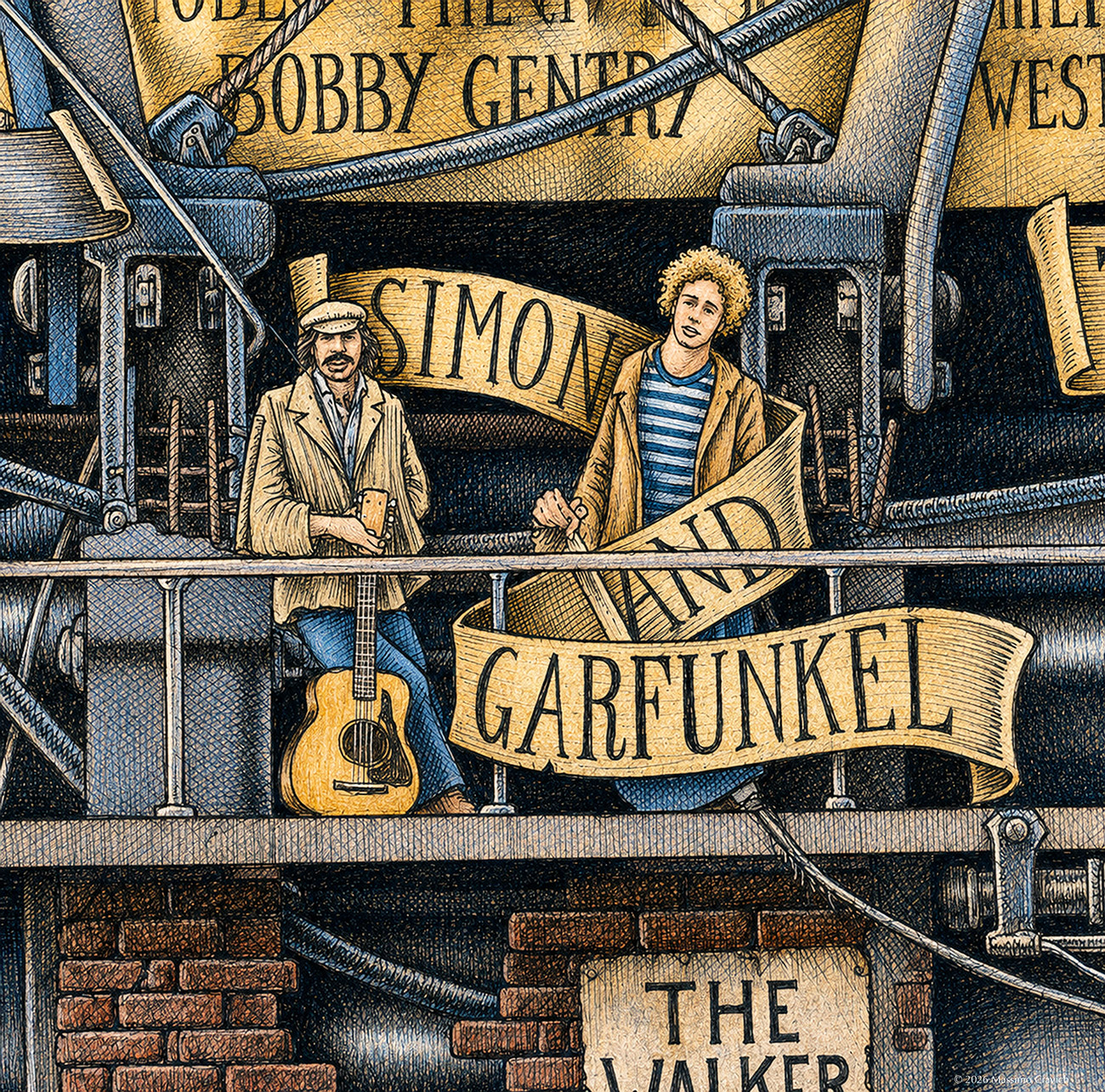 Color illustration depicting Simon and Garfunkel from the drawing "The Great Rock and Roll History"