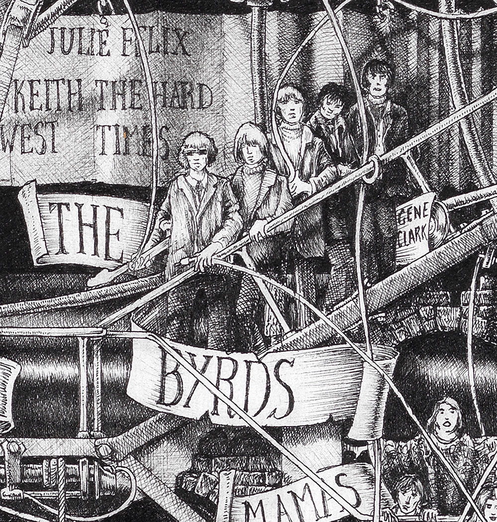 Original black and white ink drawing depicting the rock band The Byrds from the drawing "The Great Rock and Roll History"