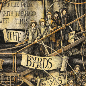 Color illustration depicting the rock band The Byrds from the drawing "The Great Rock and Roll History"