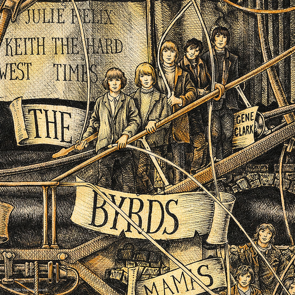 Color illustration depicting the rock band The Byrds from the drawing "The Great Rock and Roll History"