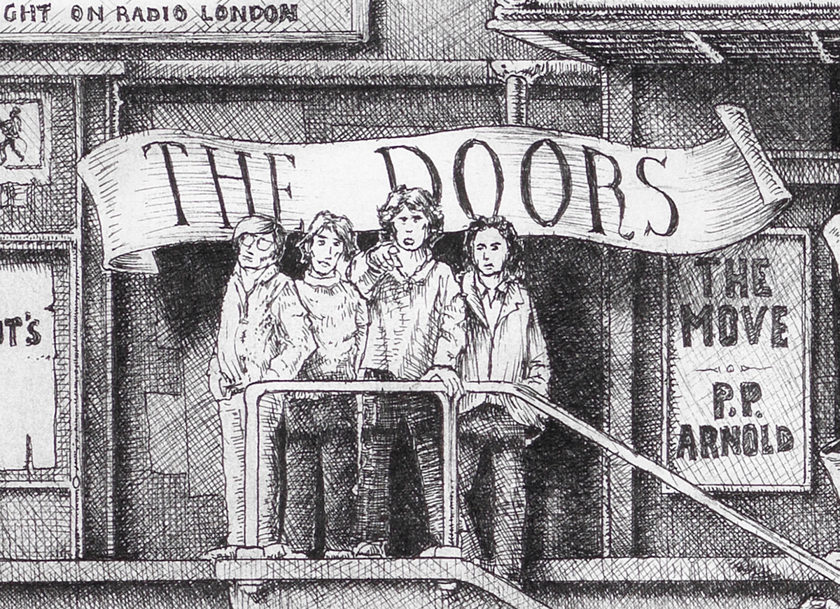 Original black and white ink drawing depicting the Doors from the drawing "The Great Rock and Roll History"