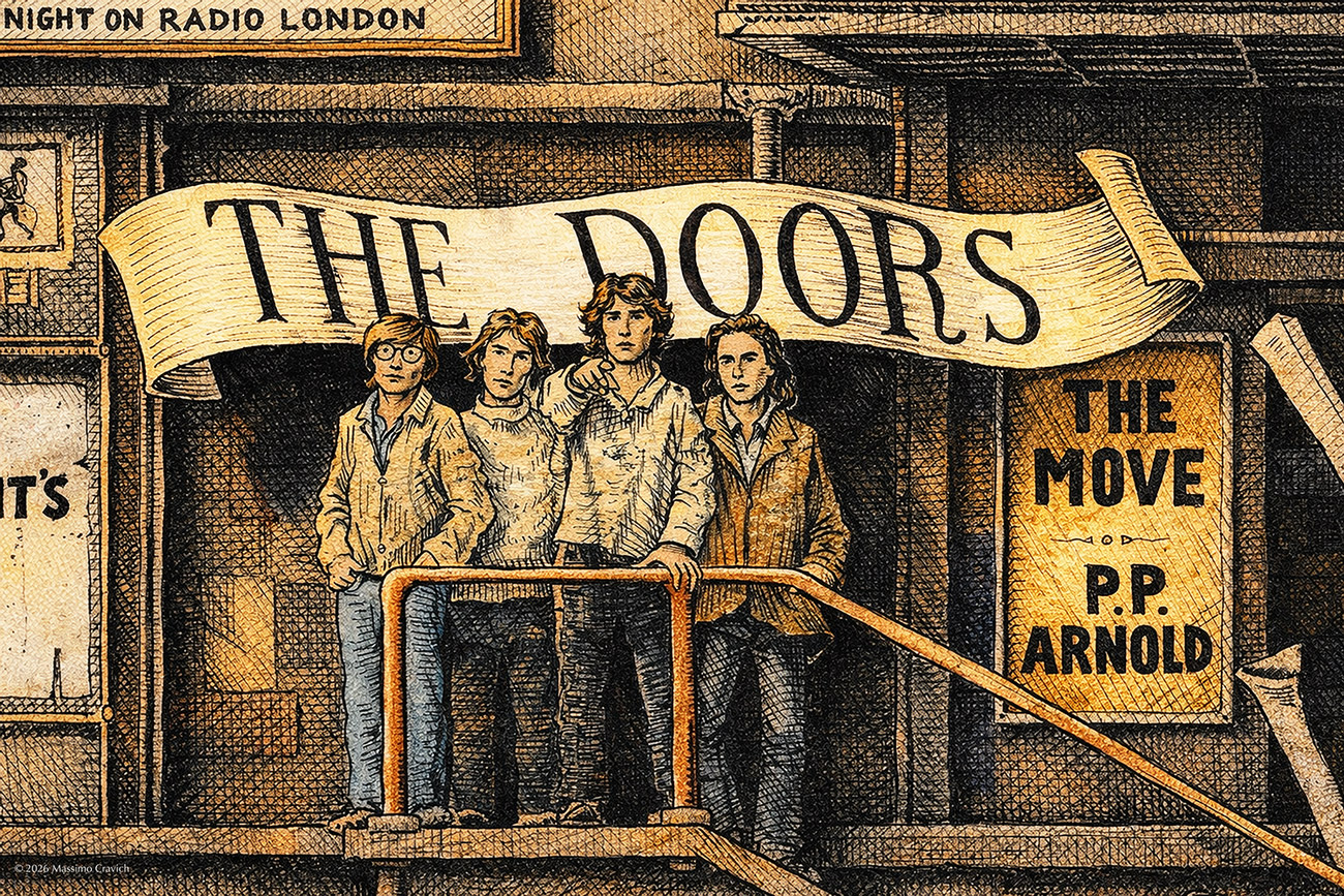 Color illustration depicting the Doors from the drawing "The Great Rock and Roll History"