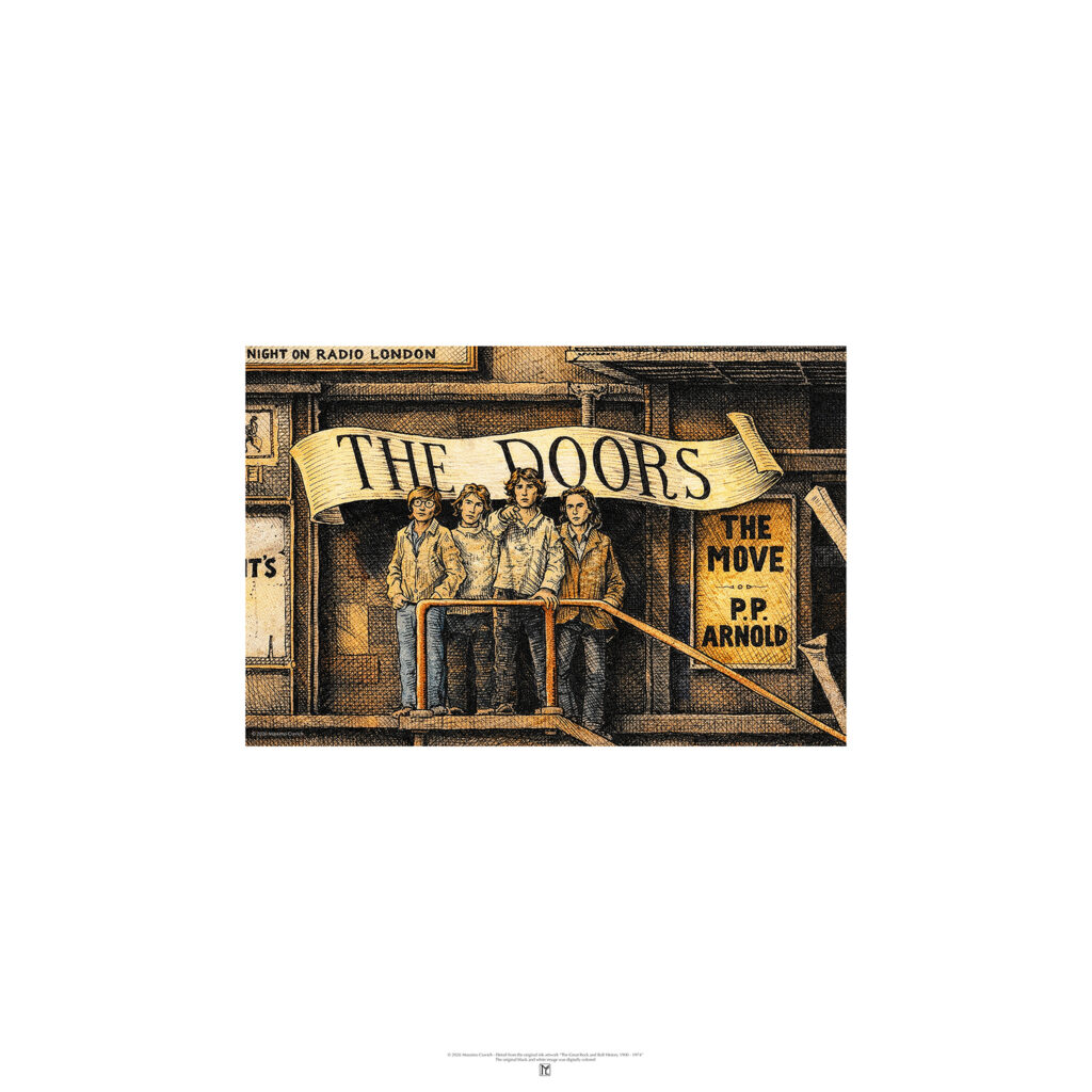 Poster depicting the Doors, colored and based on the original drawing "The Great Rock and Roll History"