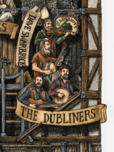 Color illustration depicting The Dubliners from the drawing "The Great Rock and Roll History"