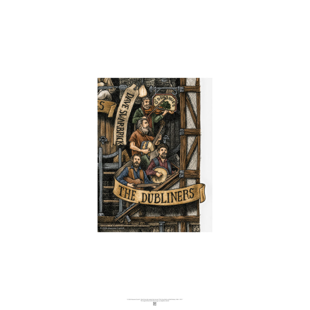 Poster depicting The Dubliners, colored and based on the original drawing "The Great Rock and Roll History"
