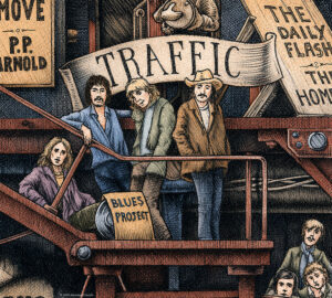 Color illustration depicting the rock band Traffic from the drawing "The Great Rock and Roll History"