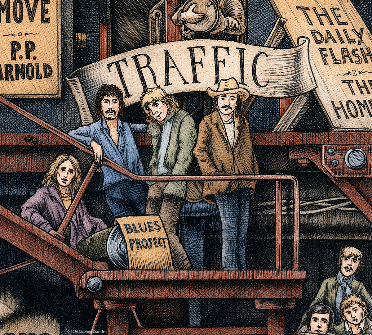 Color illustration depicting the rock band Traffic from the drawing "The Great Rock and Roll History"