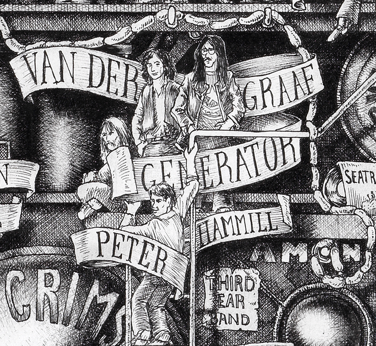 Van-Der-Graaf-Generator-BW Original black and white ink drawing depicting the rock band Van Der Graaf Generator from the drawing "The Great Rock and Roll History"