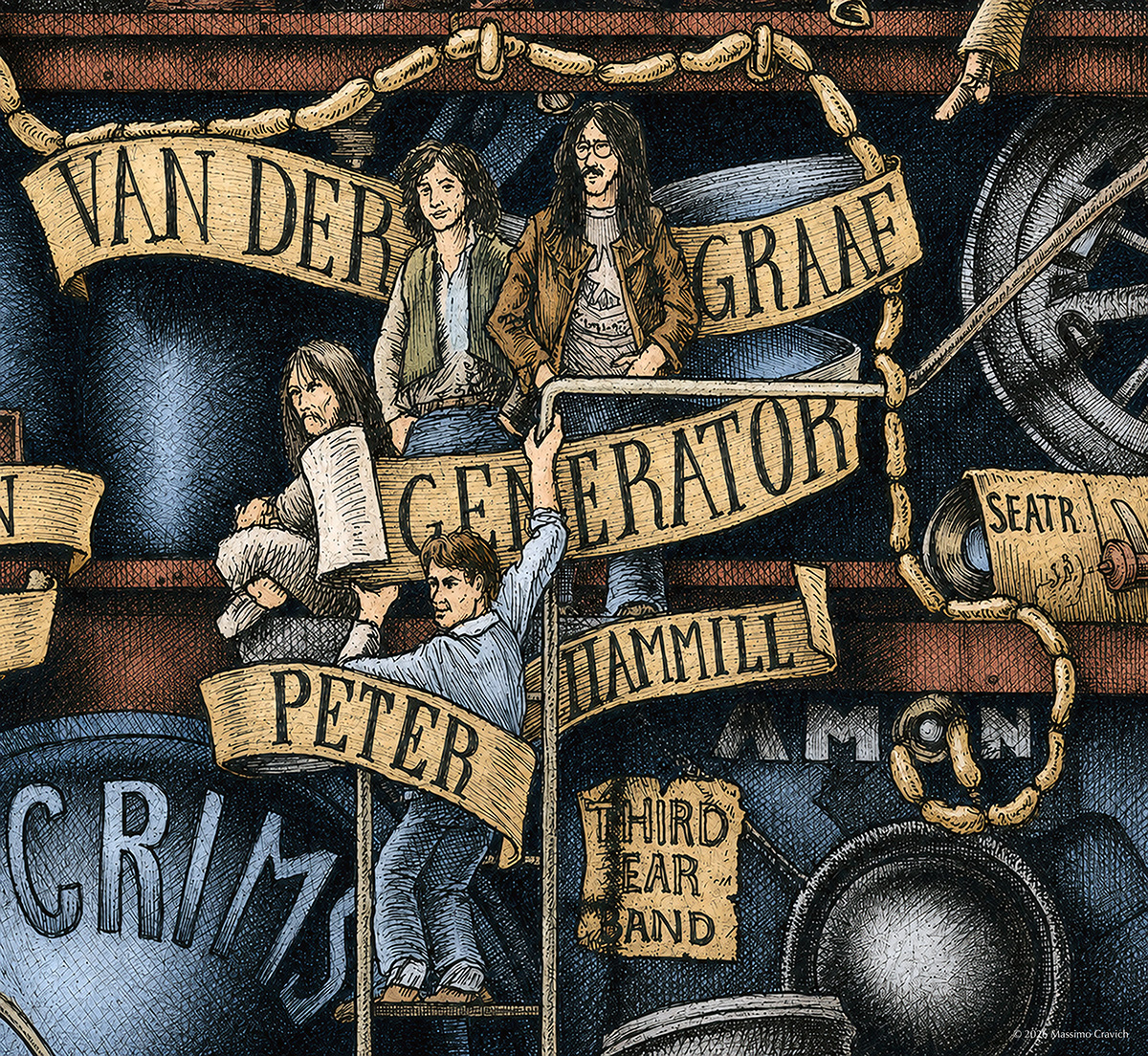 Color illustration depicting the rock band Van Der Graaf Generator from the drawing "The Great Rock and Roll History"
