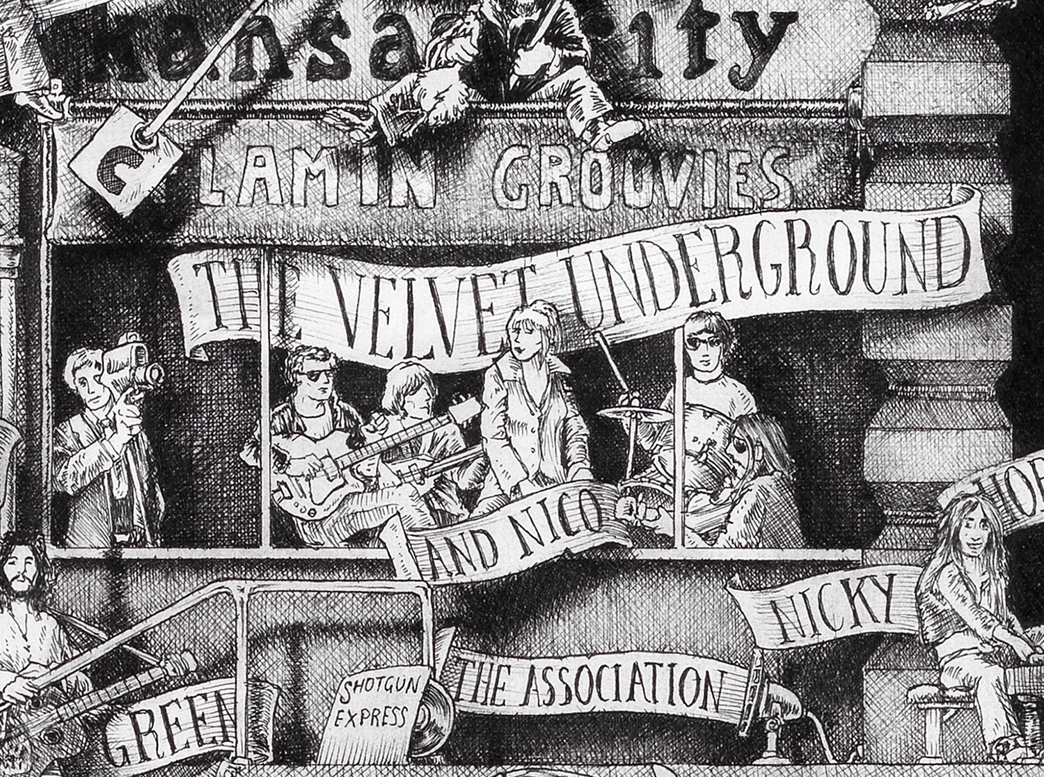 Original black and white ink drawing depicting the rock band Velvet Underground from the drawing "The Great Rock and Roll History"