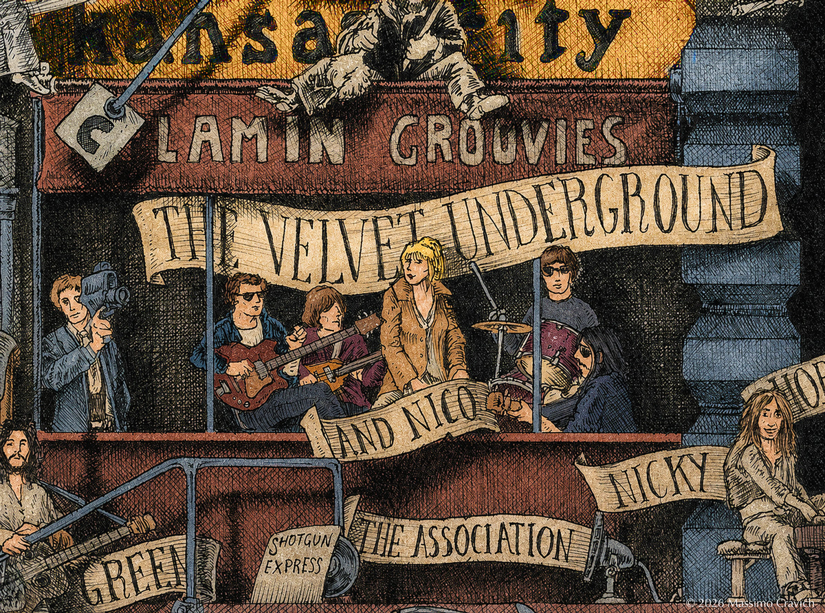 Velvet-Underground-Color Color illustration depicting the rock band Velvet Underground from the drawing "The Great Rock and Roll History"