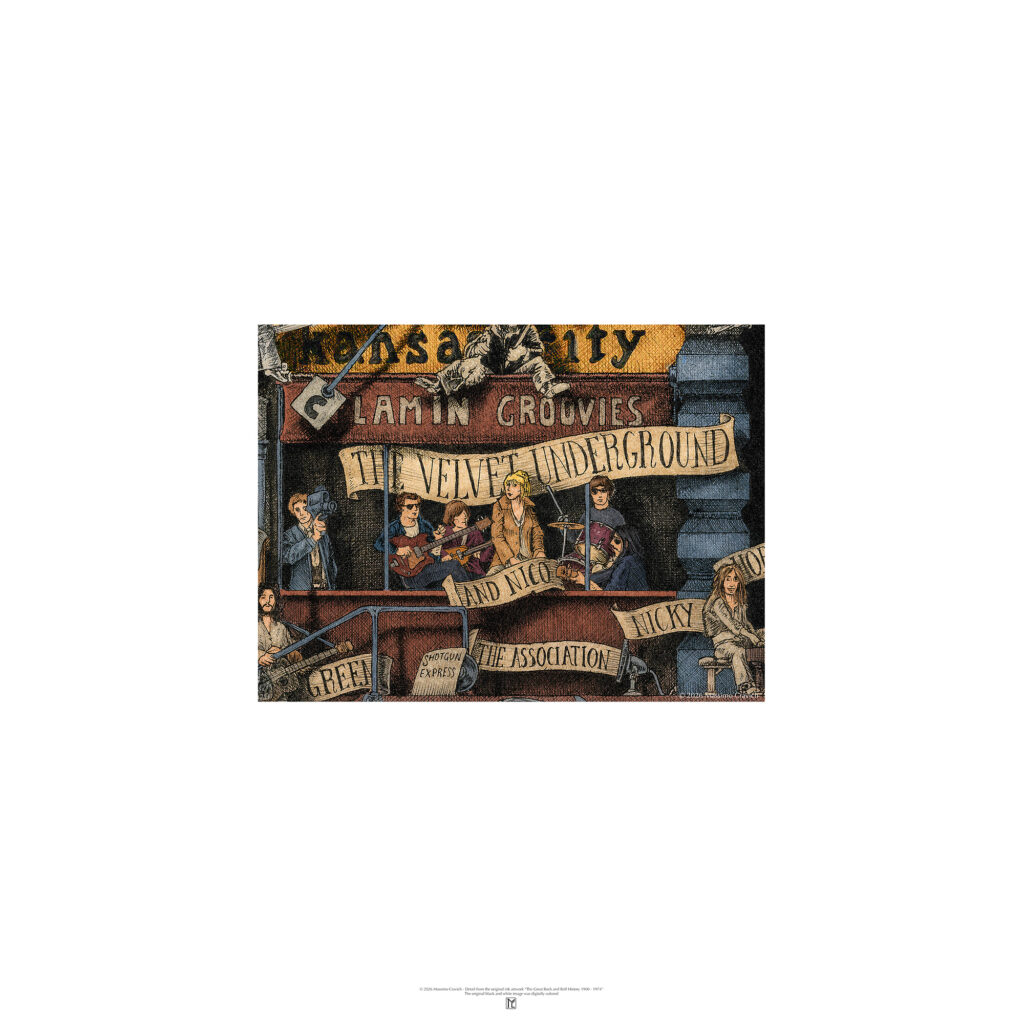 Poster depicting the rock band Velvet Underground, colored and based on the original drawing "The Great Rock and Roll History"
