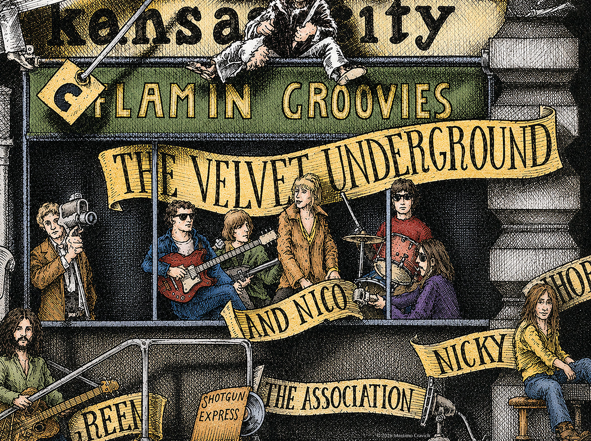 Color illustration depicting the rock band Velvet Underground from the drawing "The Great Rock and Roll History"