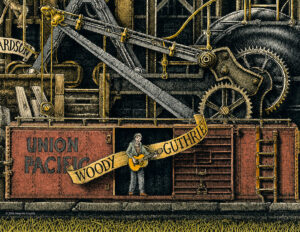 Color illustration depicting Woody Guthrie from the drawing "The Great Rock and Roll History"