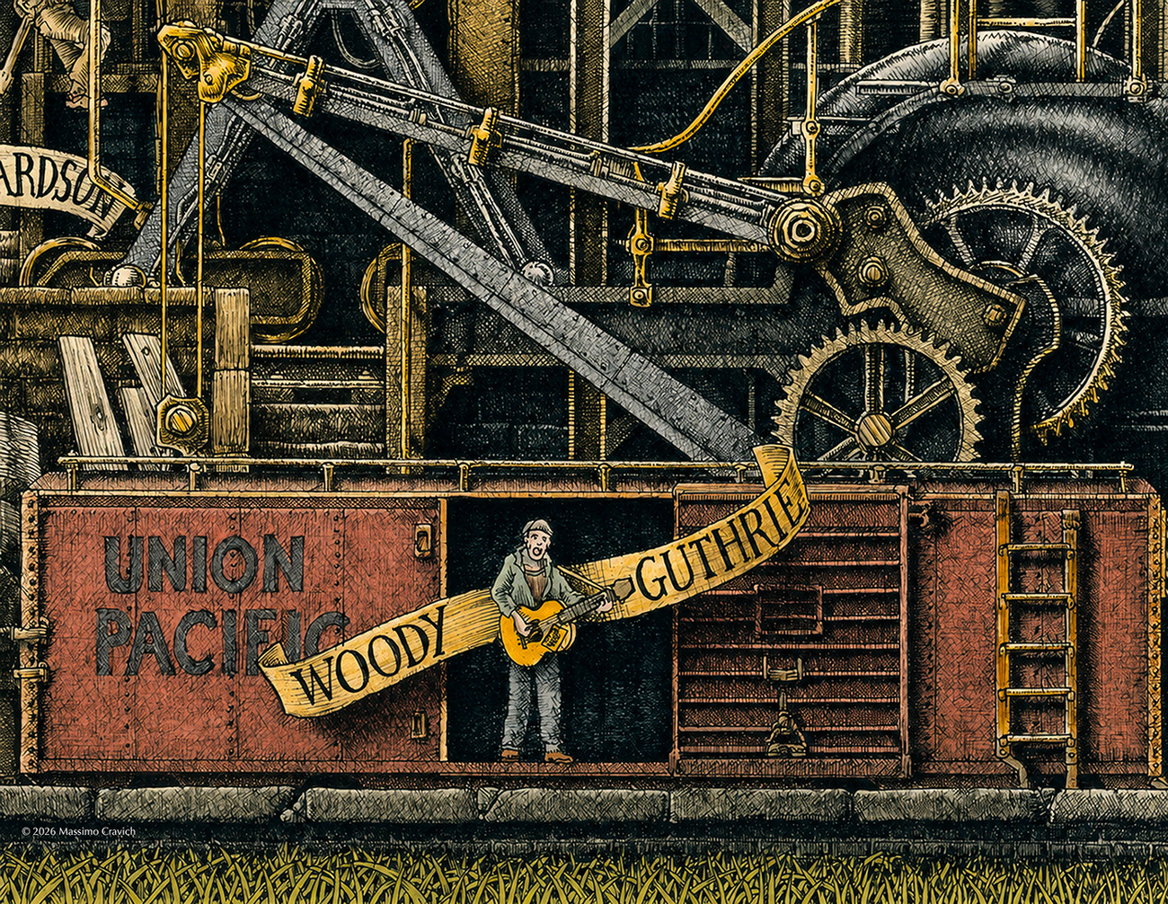 Woody-Guthrie-Color Color illustration depicting Woody Guthrie from the drawing "The Great Rock and Roll History"