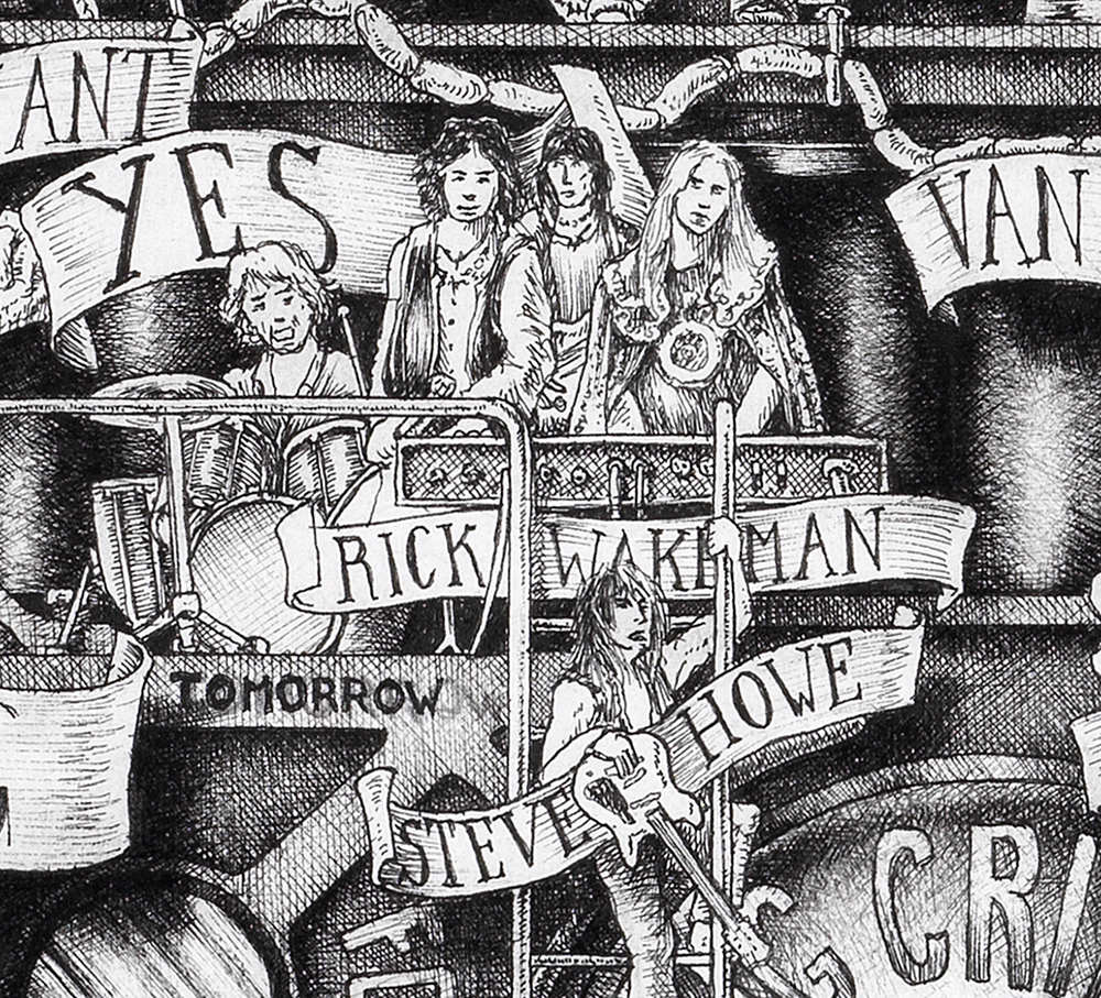 Yes-BW Original black and white ink drawing depicting the rock band Yes from the drawing "The Great Rock and Roll History"