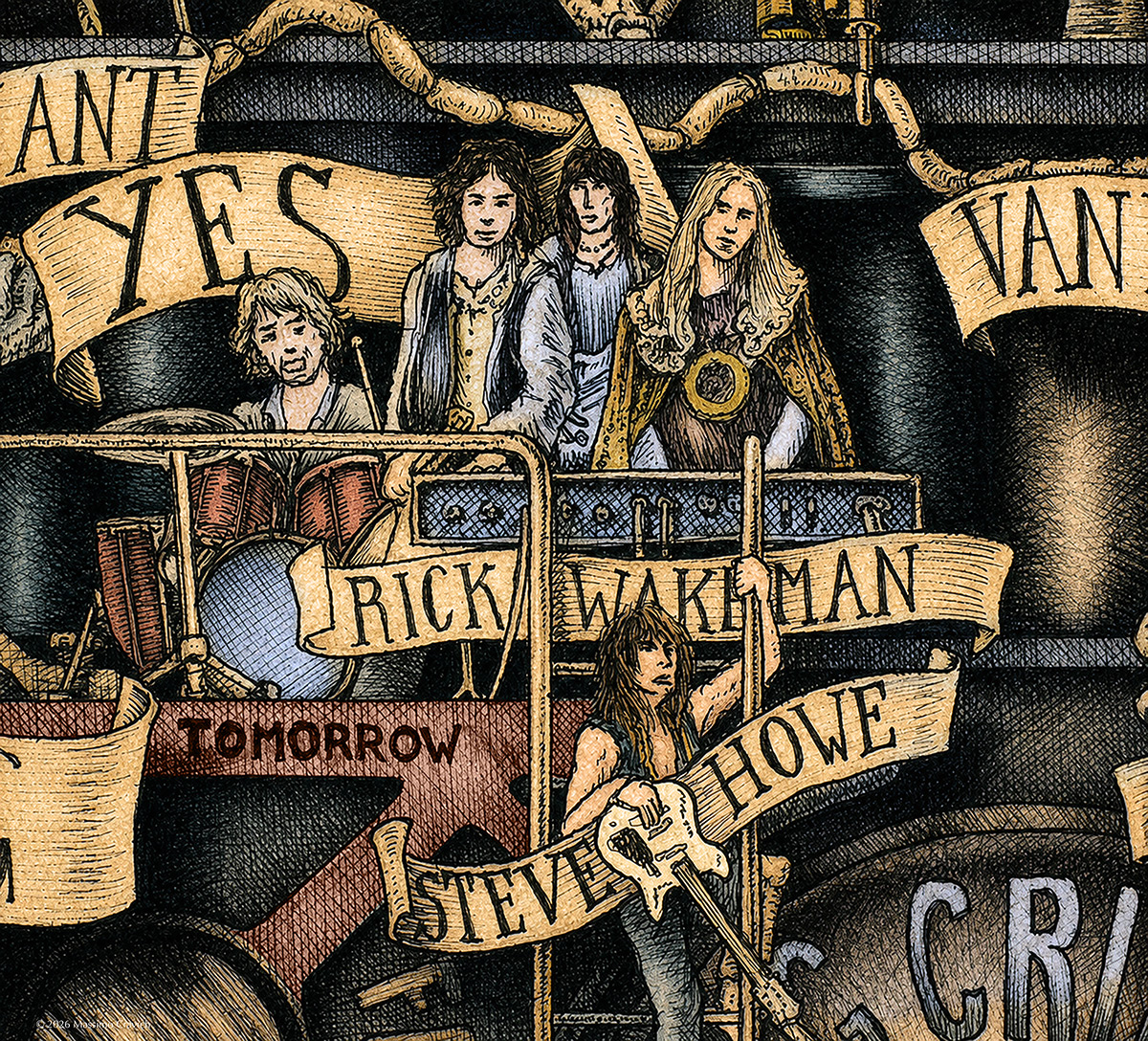 Color illustration depicting the rock band Yes from the drawing "The Great Rock and Roll History"
