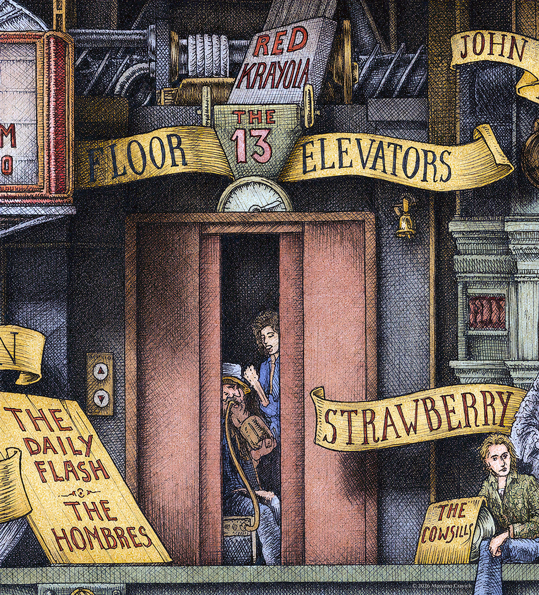 Color illustration depicting the rock band 13th Floor Elevators from the drawing "The Great Rock and Roll History"
