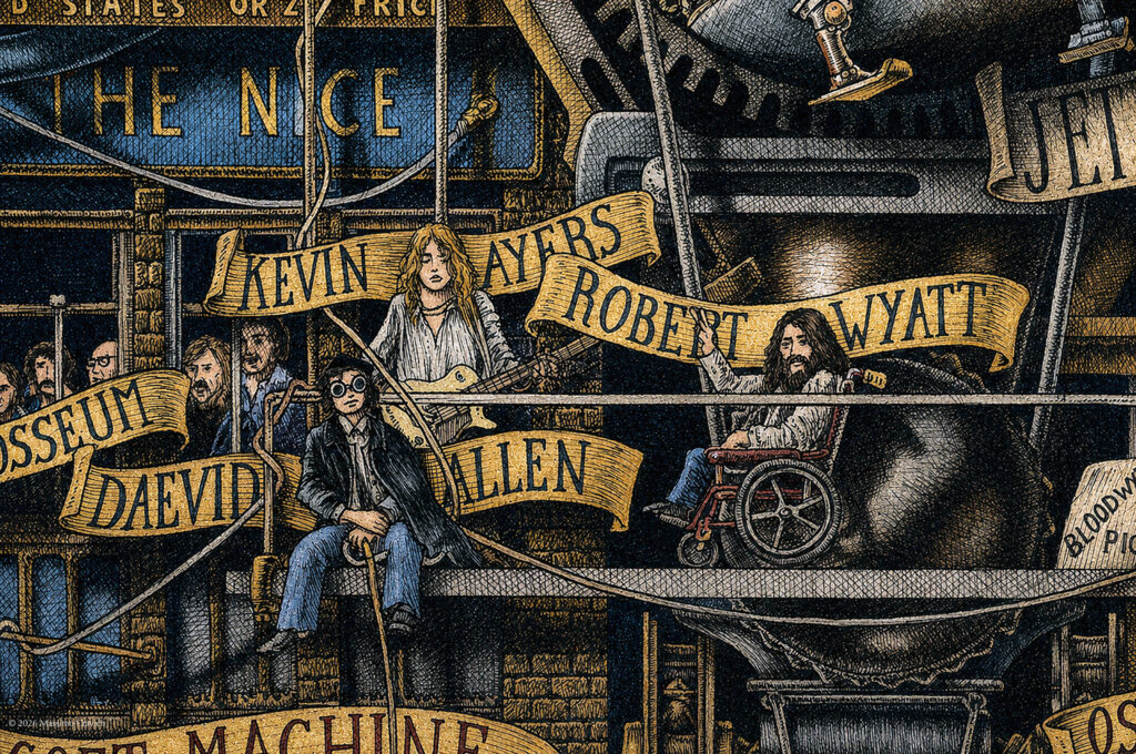 Allen-Ayers-Wyatt-Color-large Color illustration depicting single musicians of the rock band Soft Machine from the drawing "The Great Rock and Roll History"