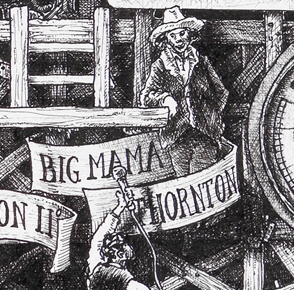 Big-Mama-Thornton-BW Original black and white ink drawing depicting Big Mama Thornton from the drawing "The Great Rock and Roll History"