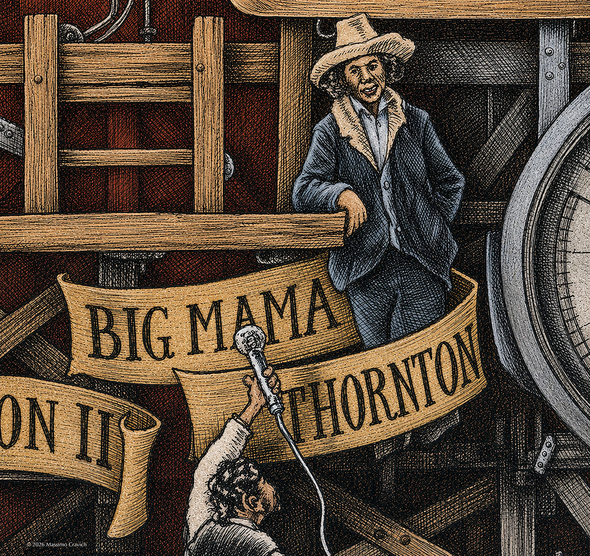 Color illustration depicting Big Mama Thornton from the drawing "The Great Rock and Roll History"