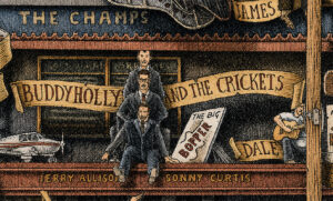 Color illustration depicting Buddy Holly from the drawing "The Great Rock and Roll History"