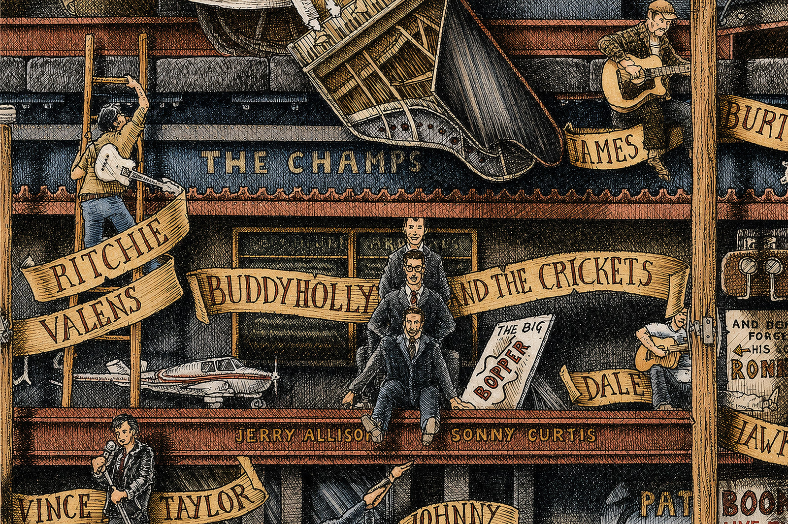 Color illustration depicting Buddy Holly and Ritchie Valens from the drawing u0022The Great Rock and Roll Historyu0022