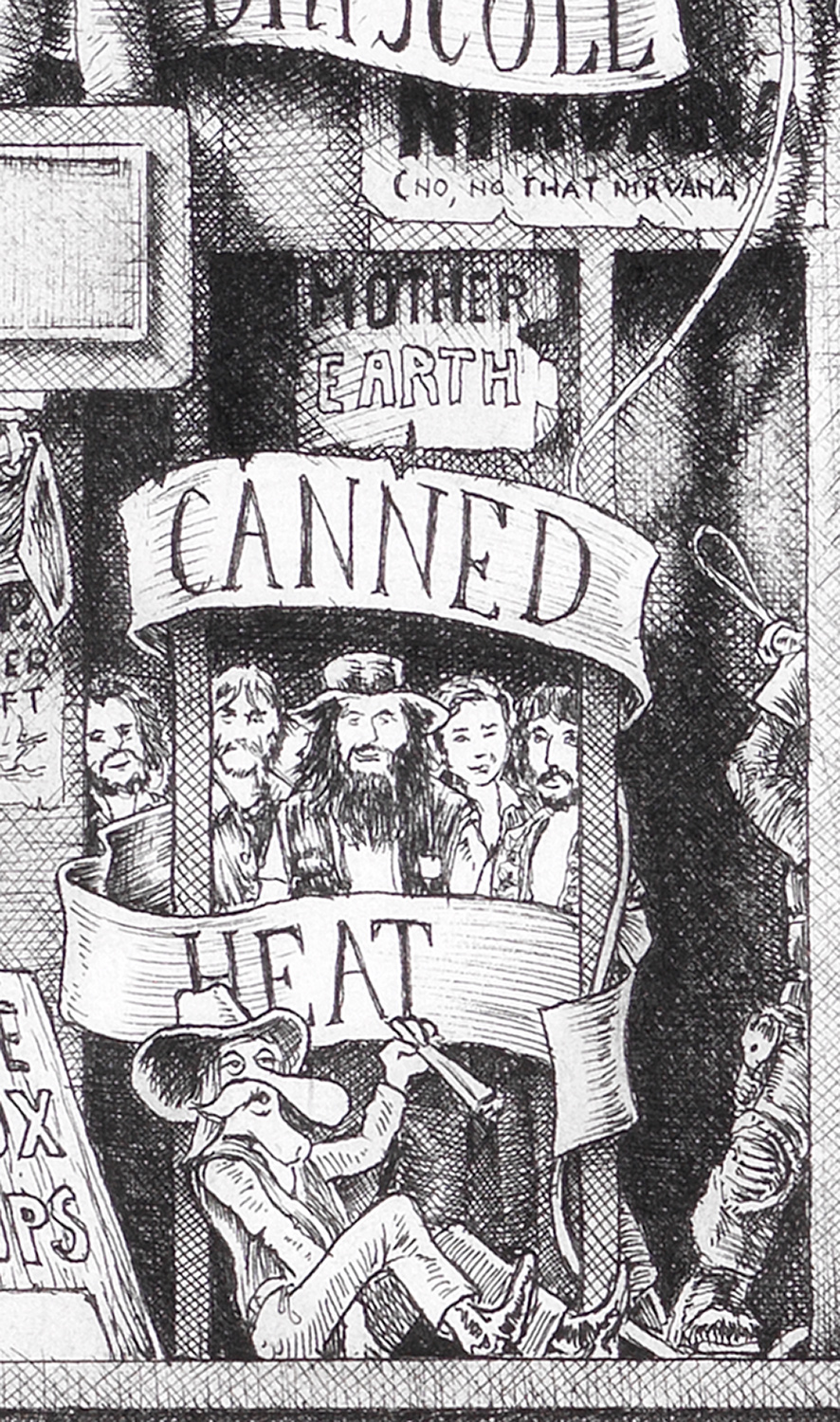Canned-Heat-BW Original black and white ink drawing depicting the rock band Canned Heat from the drawing "The Great Rock and Roll History"