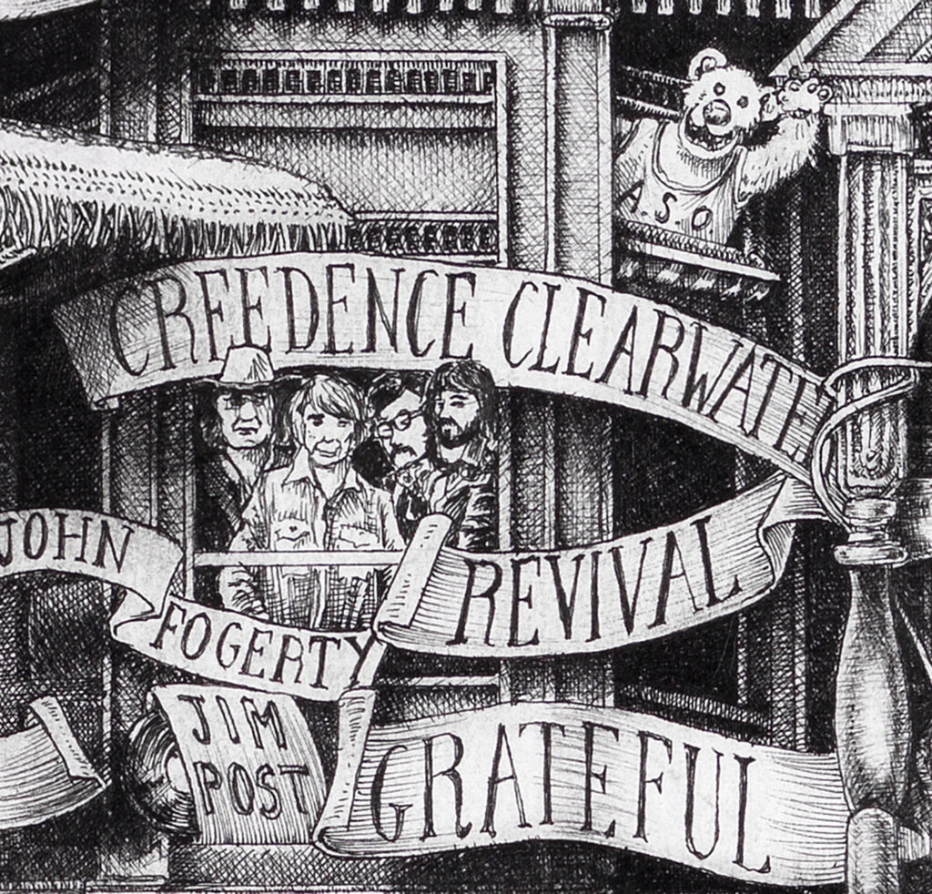 Creedence-Clearwater-Revival-BW Original black and white ink drawing depicting the rock band Creedence Clearwater Revival from the drawing "The Great Rock and Roll History"