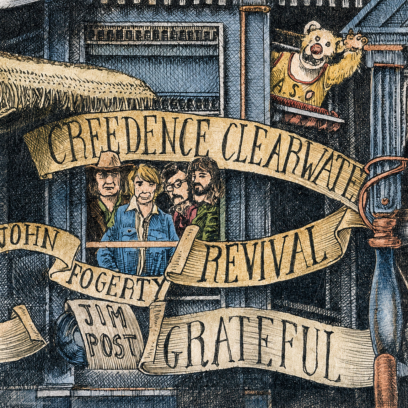 The Definitive Color illustration depicting the rock band Creedence Clearwater Revival from the drawing "The Great Rock and Roll History"