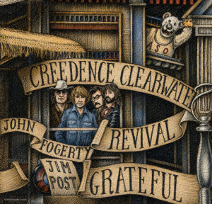 An Alternative Color illustration depicting the rock band Creedence Clearwater Revival from the drawing "The Great Rock and Roll History"