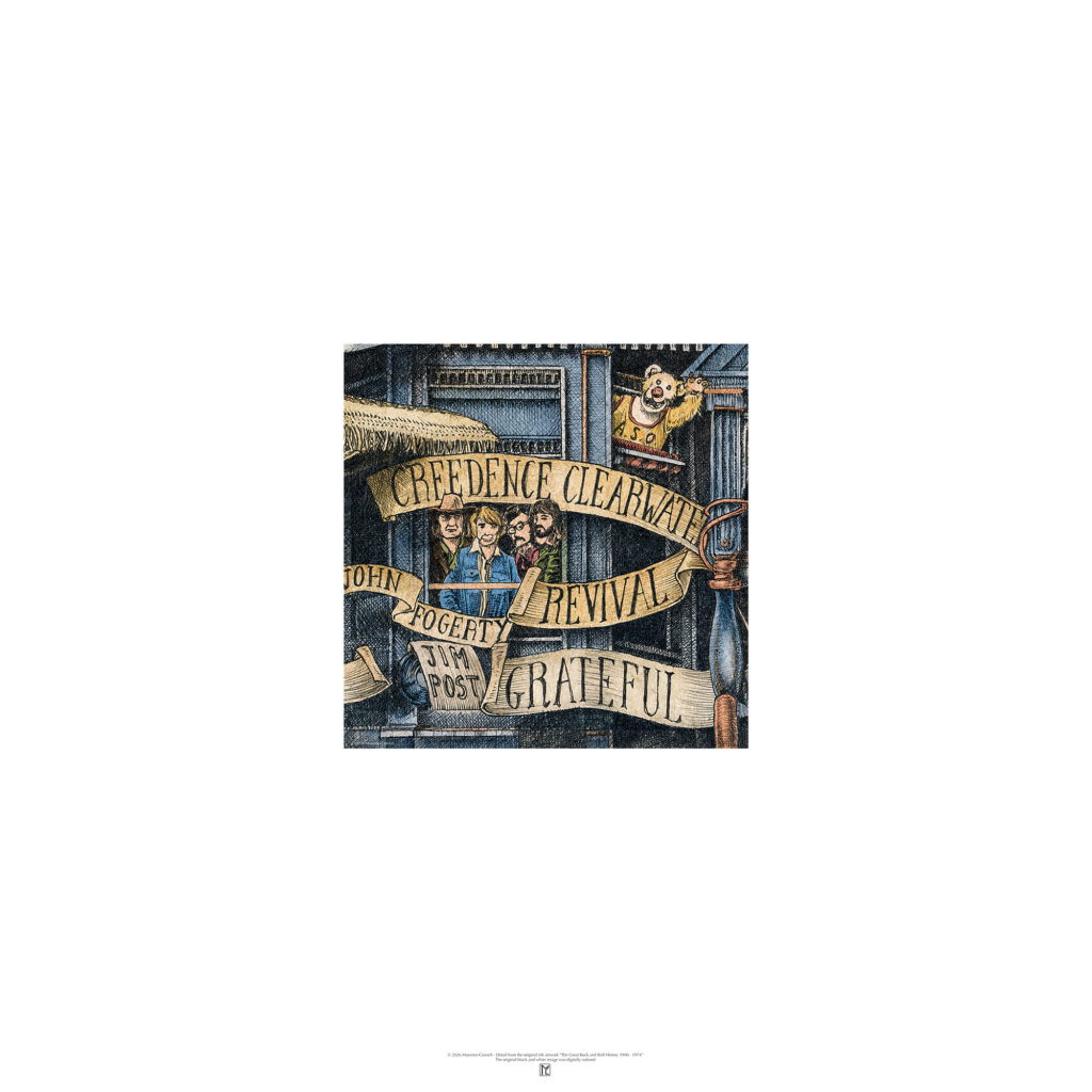 Poster depicting the rock band Creedence Clearwater Revival, colored and based on the original drawing "The Great Rock and Roll History"