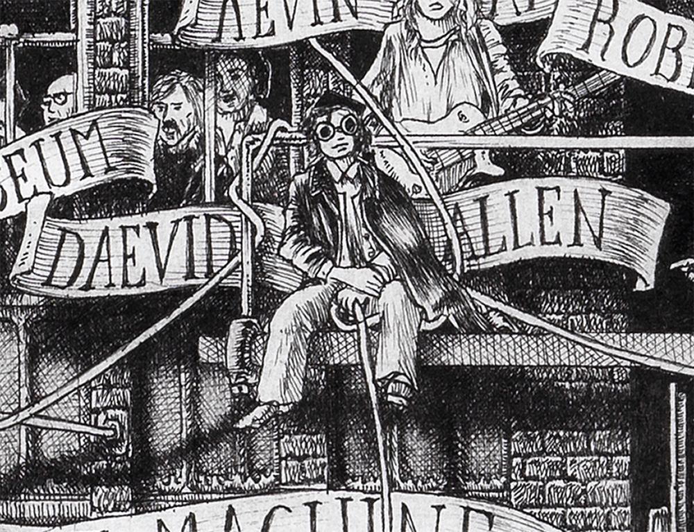 Daevid-Allen-BW Original black and white ink drawing depicting Daevid Allen from the drawing "The Great Rock and Roll History"