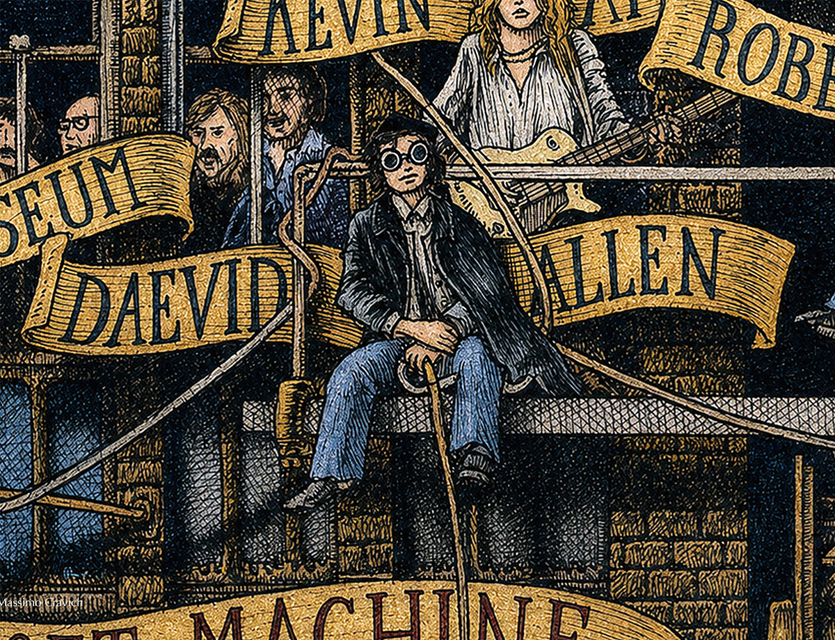 Color illustration depicting Daevid Allen from the drawing "The Great Rock and Roll History"