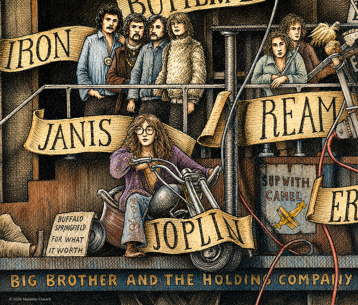 Color illustration depicting Janis Joplin from the drawing "The Great Rock and Roll History"