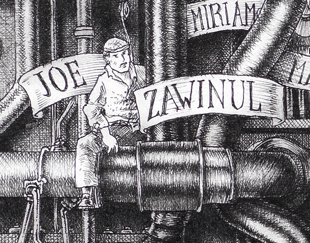 Joe-Zawinul-BW Original black and white ink drawing depicting Joe Zawinul from the drawing "The Great Rock and Roll History"