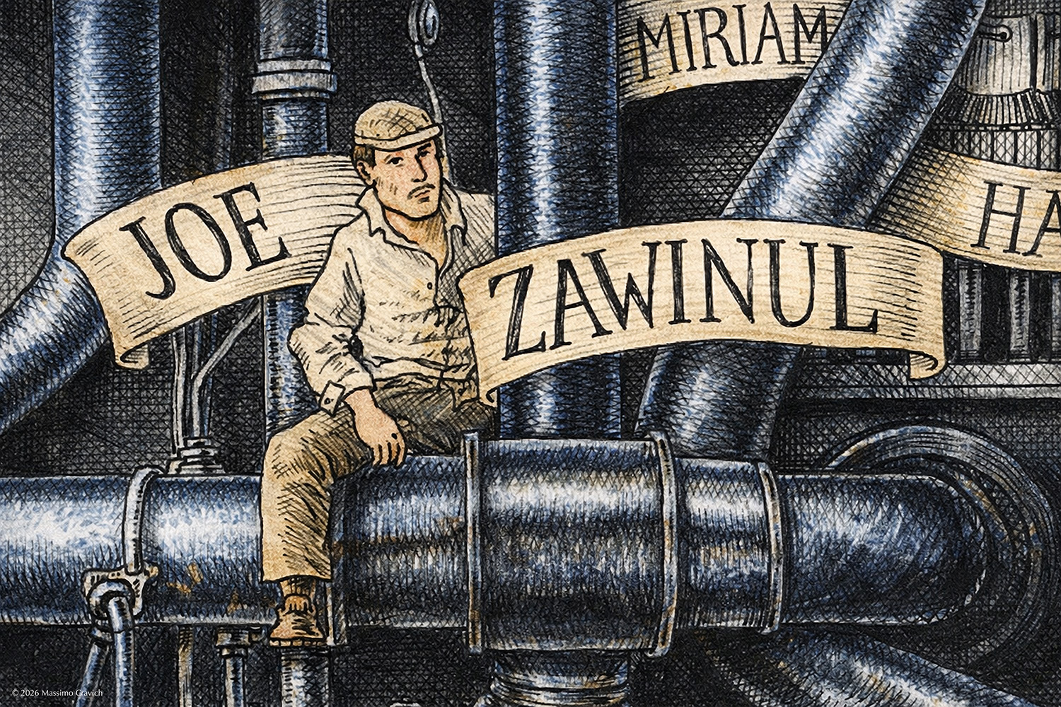 Joe-Zawinul-color Color illustration depicting Joe Zawinul from the drawing "The Great Rock and Roll History"