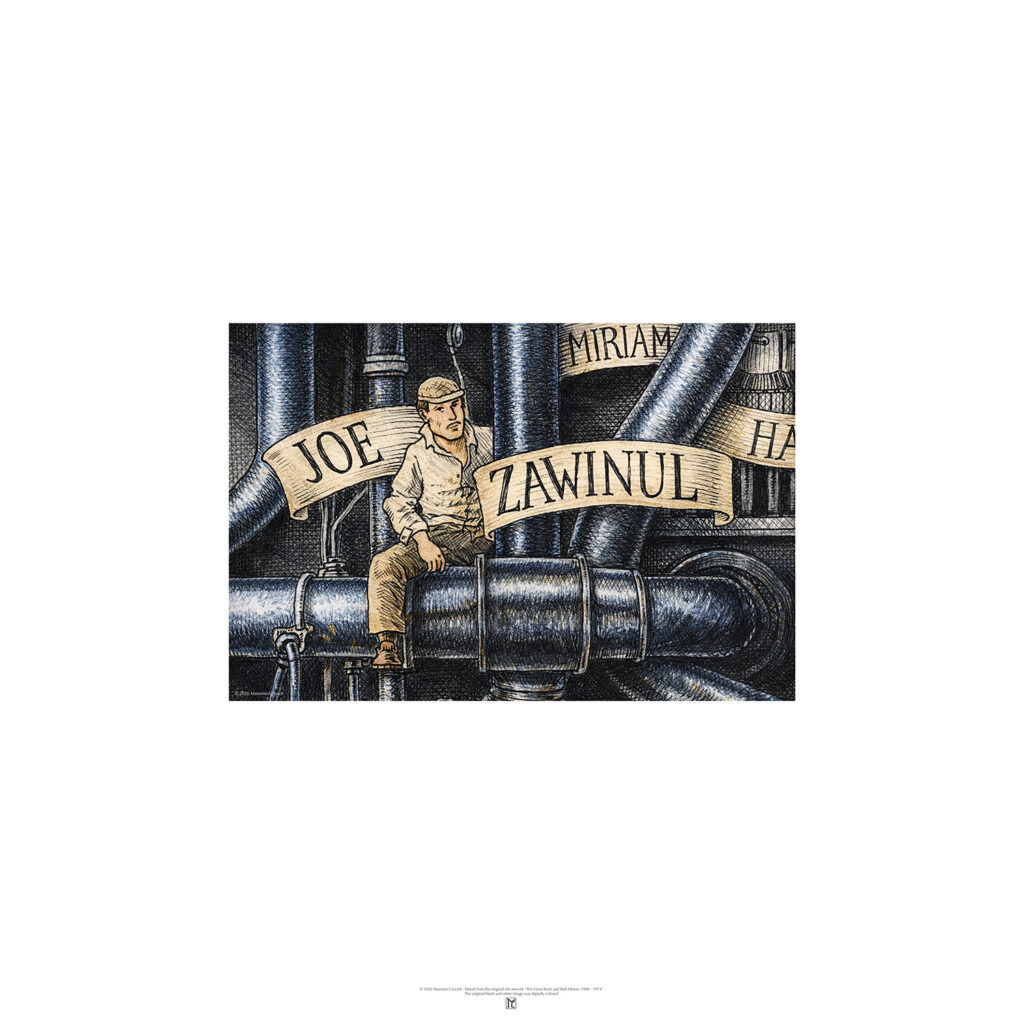 Poster depicting Joe Zawinul colored and based on the original drawing "The Great Rock and Roll History"