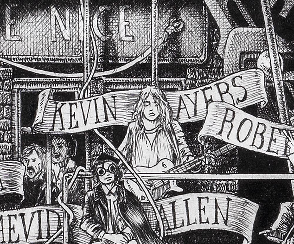Kevin-Ayers-BW Original black and white ink drawing depicting tKevin Ayers from the drawing "The Great Rock and Roll History"