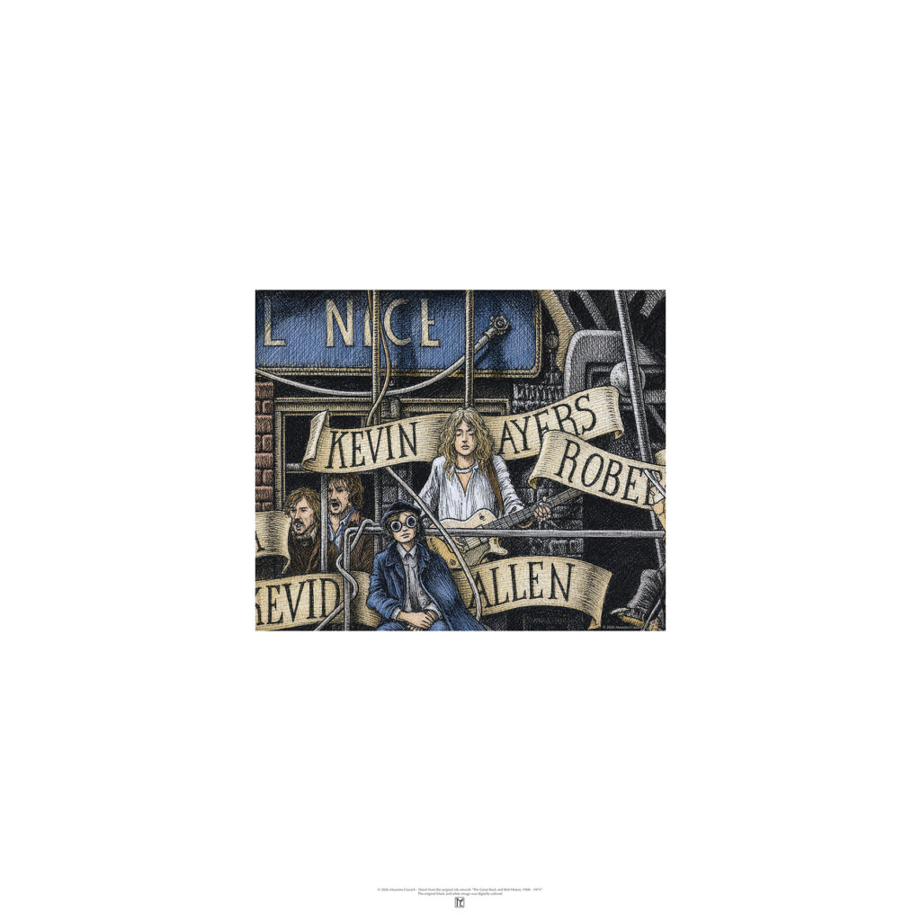 Poster depicting Kevin Ayers colored and based on the original drawing "The Great Rock and Roll History"