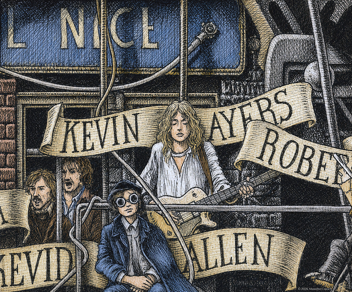 Color illustration depicting Kevin Ayers from the drawing "The Great Rock and Roll History"