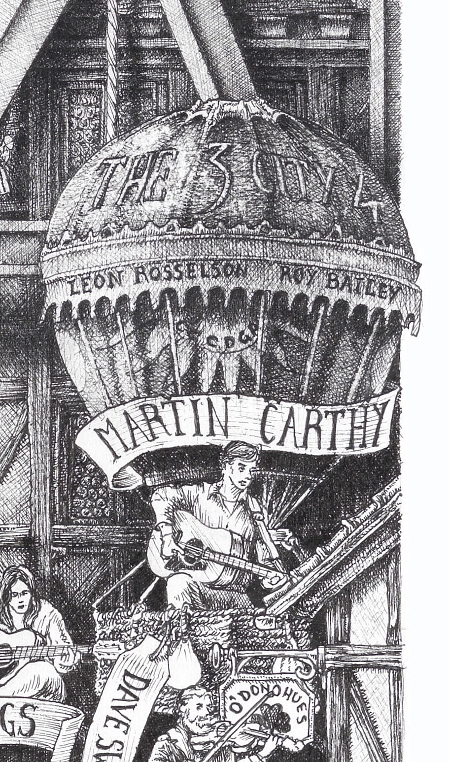 Original black and white ink drawing depicting the British folk singer Martin Carthy from the drawing "The Great Rock and Roll History"