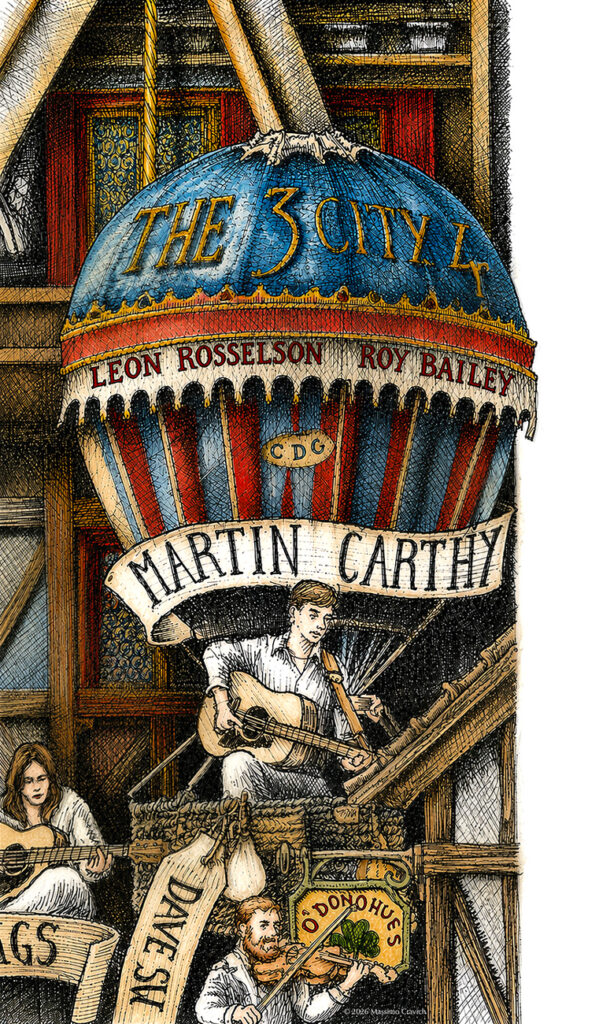 Color illustration depicting the British folk singer Martin Carthy from the drawing "The Great Rock and Roll History"