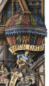 Color illustration depicting the British folk singer Martin Carthy from the drawing "The Great Rock and Roll History"