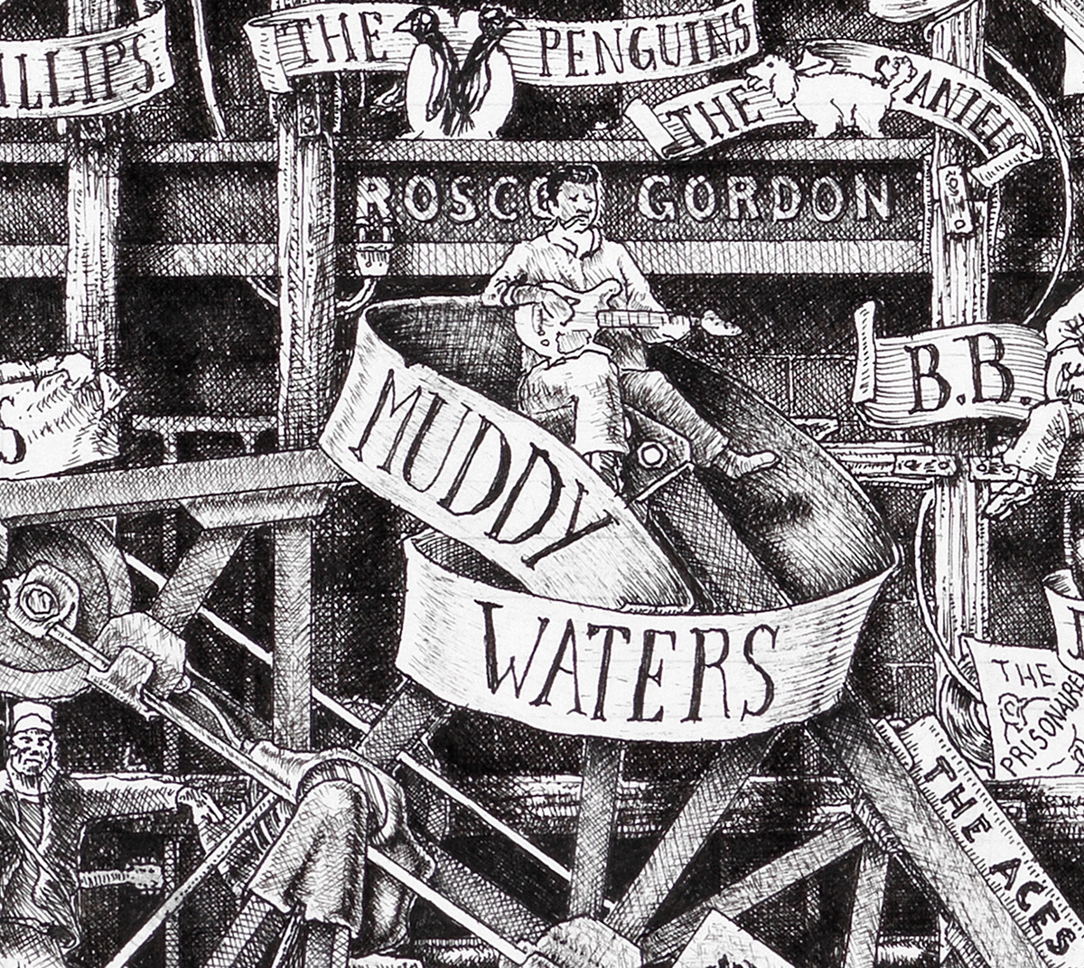 Original black and white ink drawing depicting Muddy Waters from the drawing "The Great Rock and Roll History"