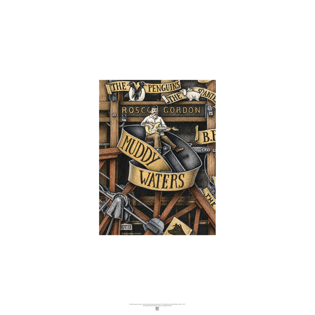 Poster depicting Muddy Waters colored and based on the original drawing "The Great Rock and Roll History"
